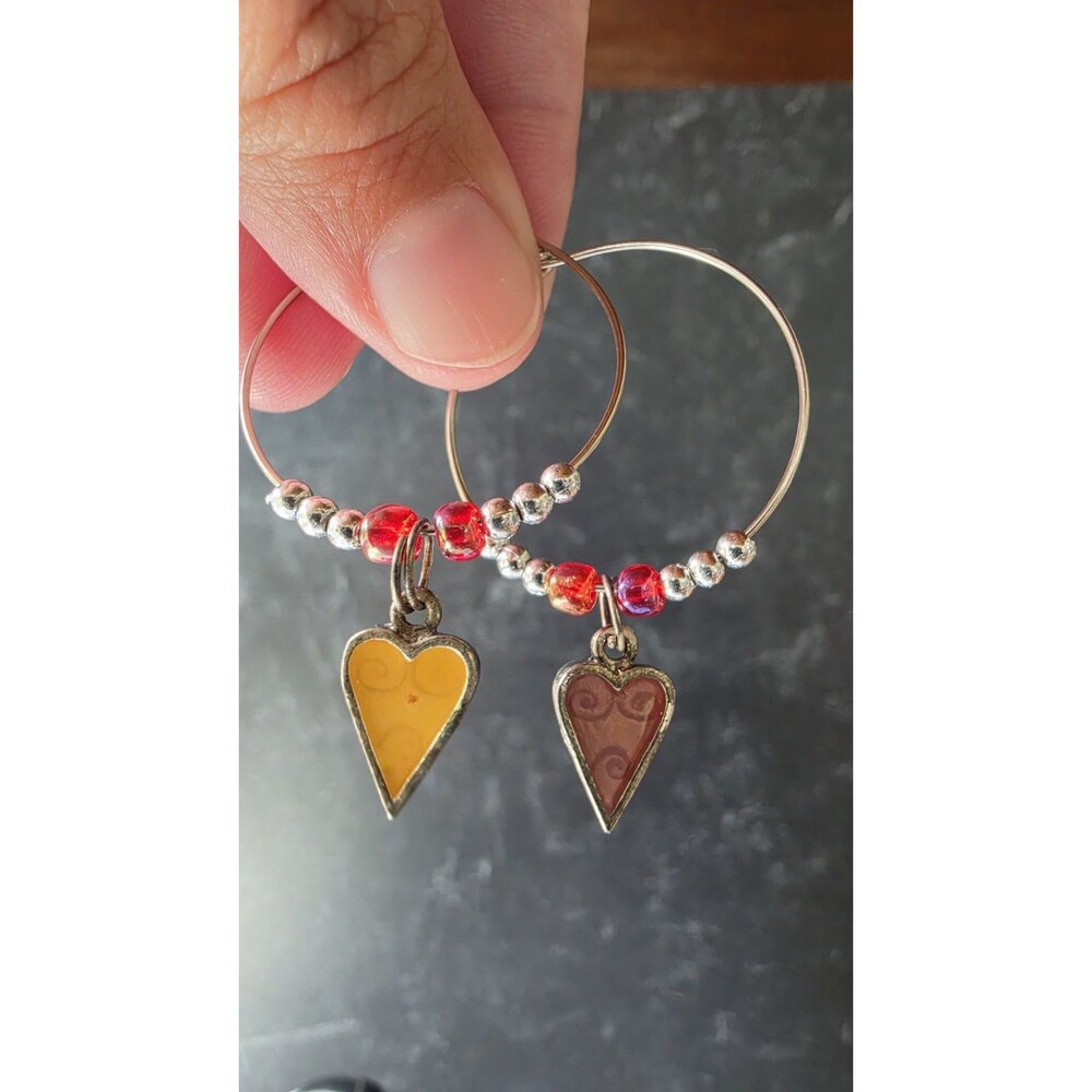 Silver Tone Metal Beaded Heart Hoop Pierce Earrings Vintage Costume Jewelry READ